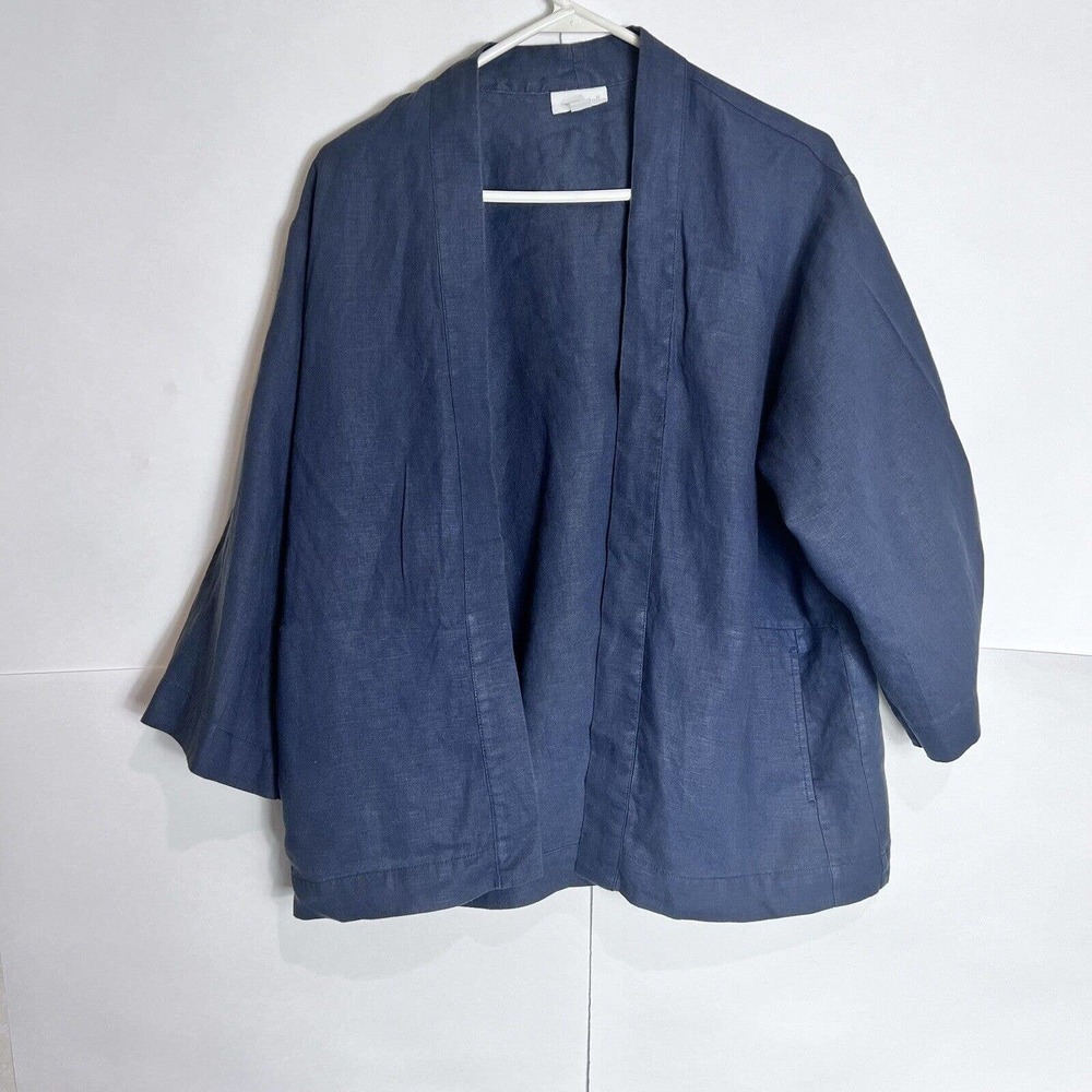 J Jill Pure Jill Womens Small Open Front Navy Gray Linen Cardigan